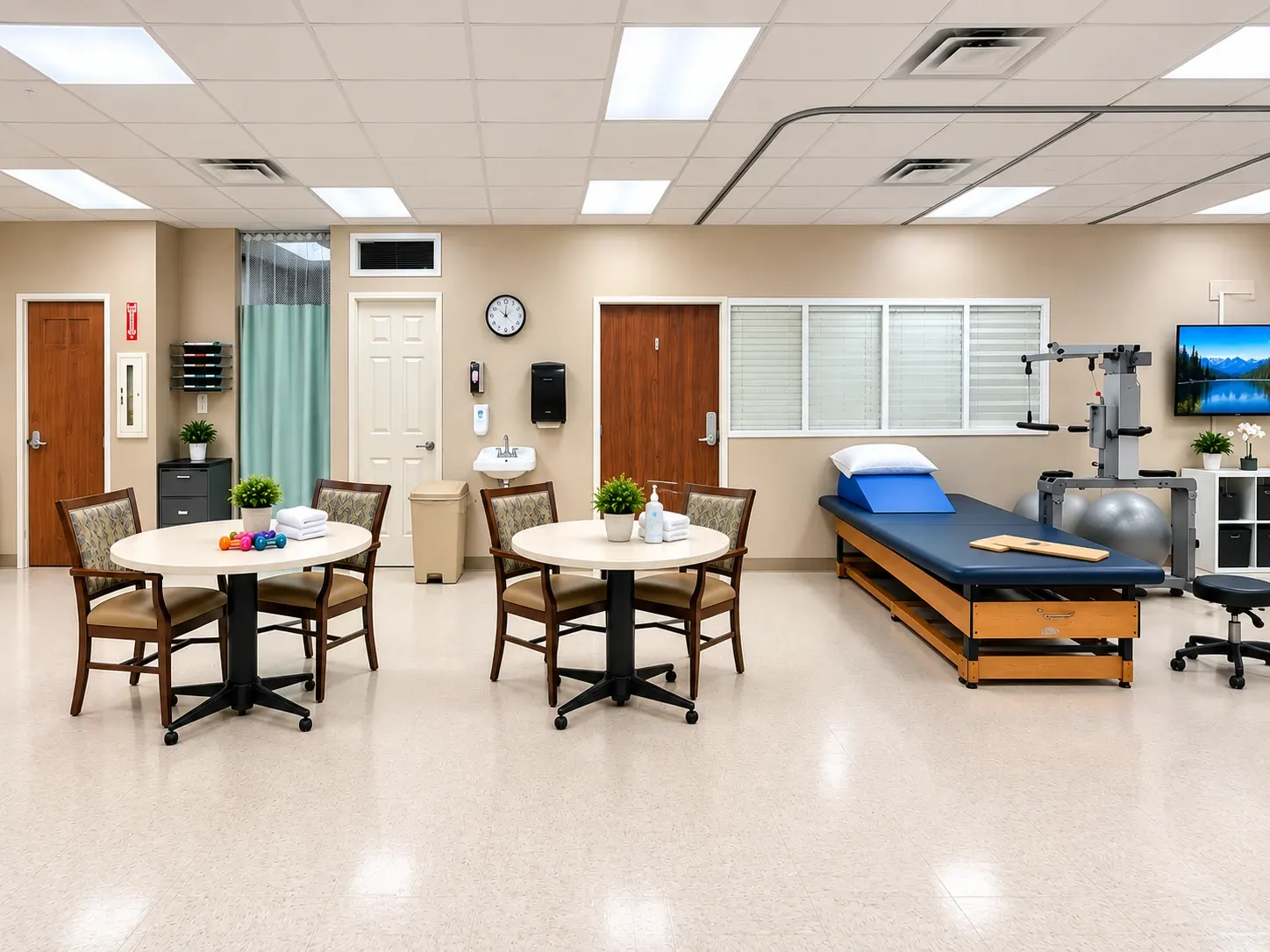 An activity room at Vivo Healthcare Meadows, round tables set out beside a therapy table