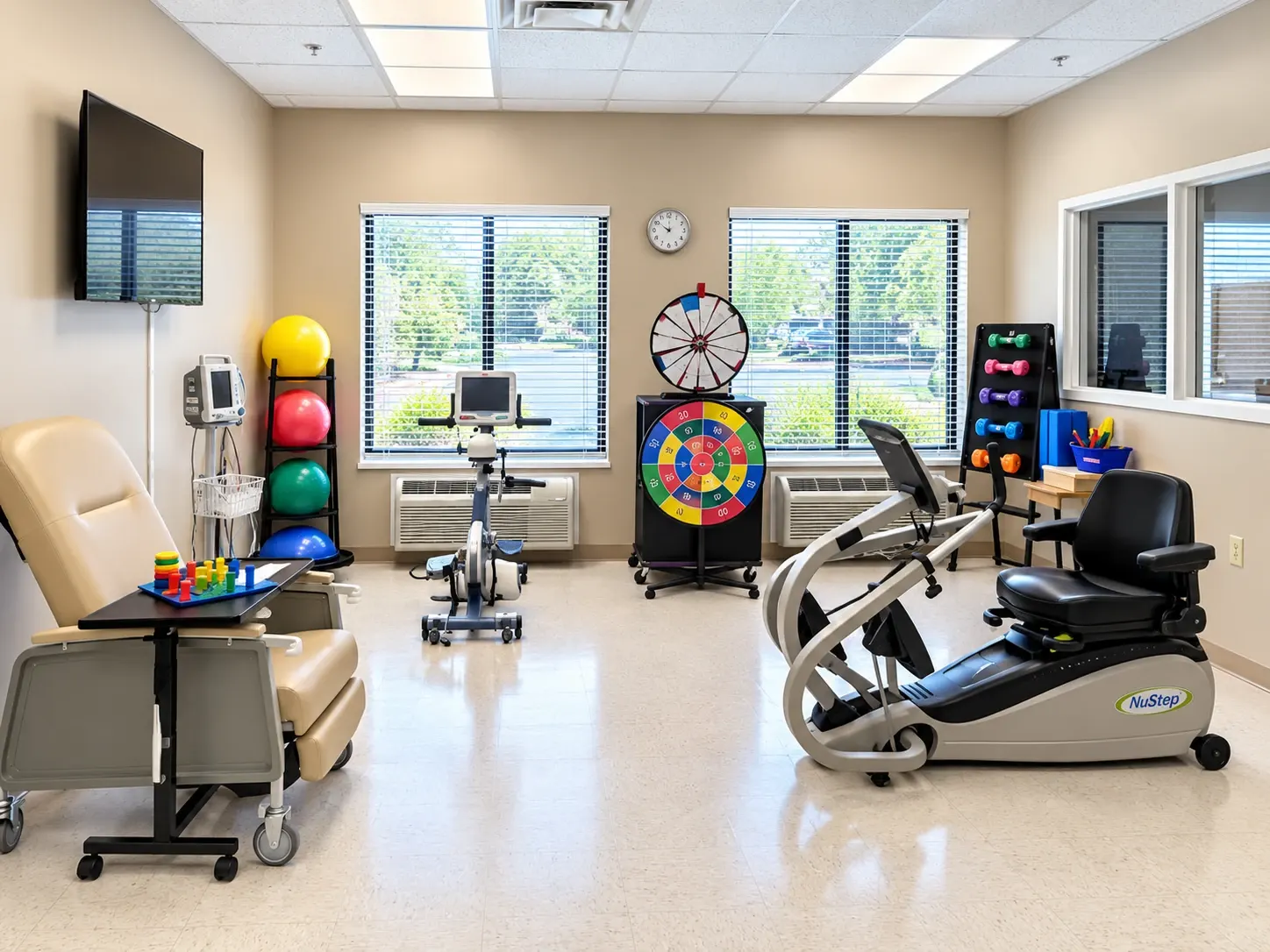 Therapy equipment at Vivo Healthcare Meadows, including a recumbent stepper